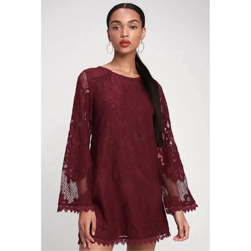 Lulus Small Can't Forget You Burgundy Lace Bell Sleeve Shift Dressβ Party Dressy